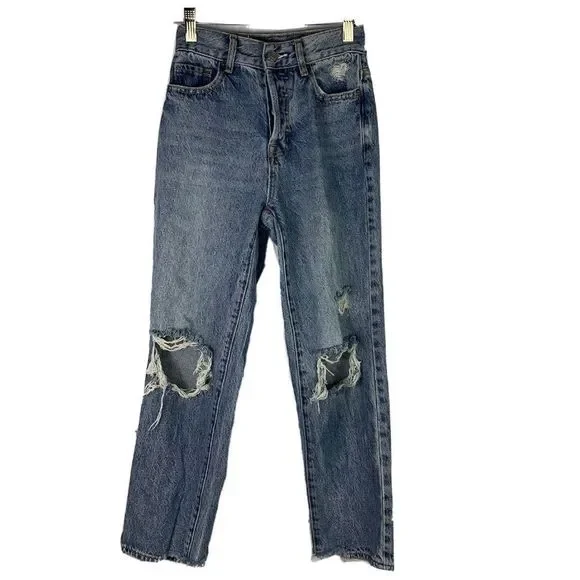 PacSun 100% Cotton High Rise Straight Distressed Jeans - Picture 1 of 16